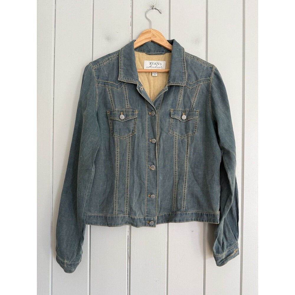 Women's Ryan Michael Top M Medium Silk Cotton Blue Chambray Button Front Pockets